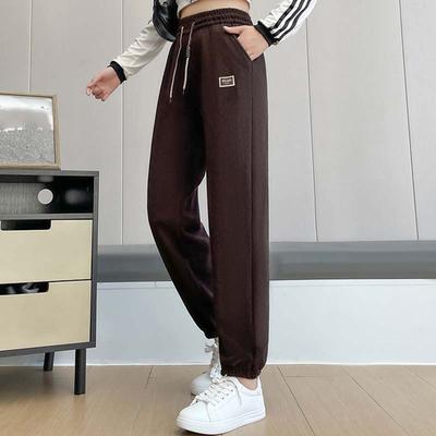 Pantalones harén de polar elásticos vintage de invierno para mujer, pantalones deportivos gruesos y cálidos de cintura alta con bolsillo, pantalones casuales sencillos