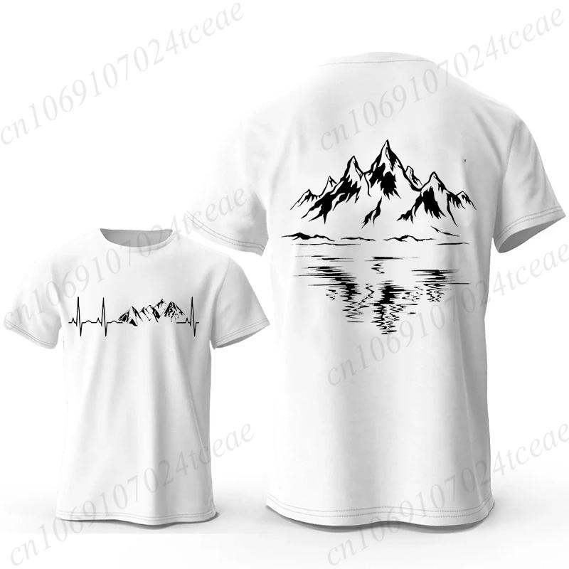 Mountain Print Men's T-shirt Summer Comfortable Breathable Short-sleeve Top Mountain Heartbeat Pulse Line Oversized Men T-shirt