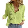 Camisa abotonada de moda con cuello de solapa para mujer, blusa fina de lino y algodón para primavera y verano, blusas casuales con estampado de gato