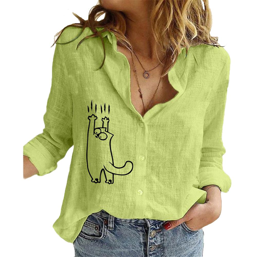 Camisa abotonada de moda con cuello de solapa para mujer, blusa fina de lino y algodón para primavera y verano, blusas casuales con estampado de gato
