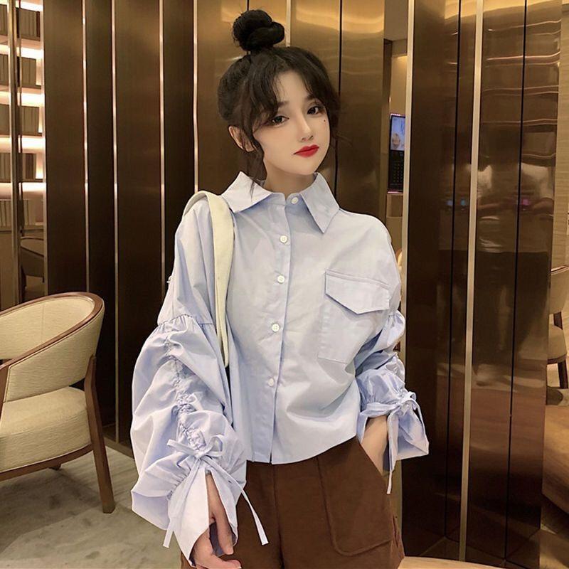 Women s Shirt with Pleated Design Spring Loose Lapel Tie Ladies Button Up Shirts French Style Fashion Famale Long Sleeved Top S синий