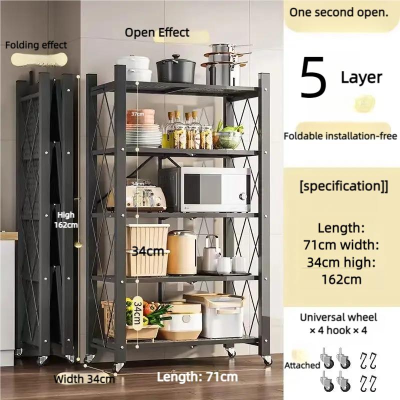 One-Second Foldable Storage Racks Folding Kitchen Organizer Shelf Standing Multi-Layer Storage Rack Movable Organizing Shelves