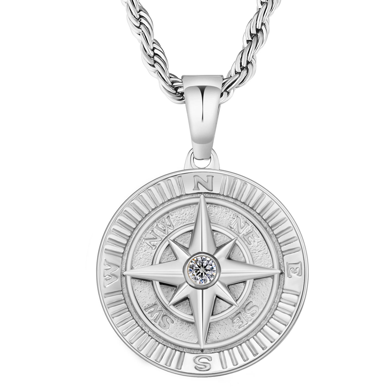 18k Gold Plated Compass Charm Necklace Jewelry Women Men Stainless Steel Metal Iced Leo North Star Coin Compass Pendant Necklace 22 &Fashion серебряный