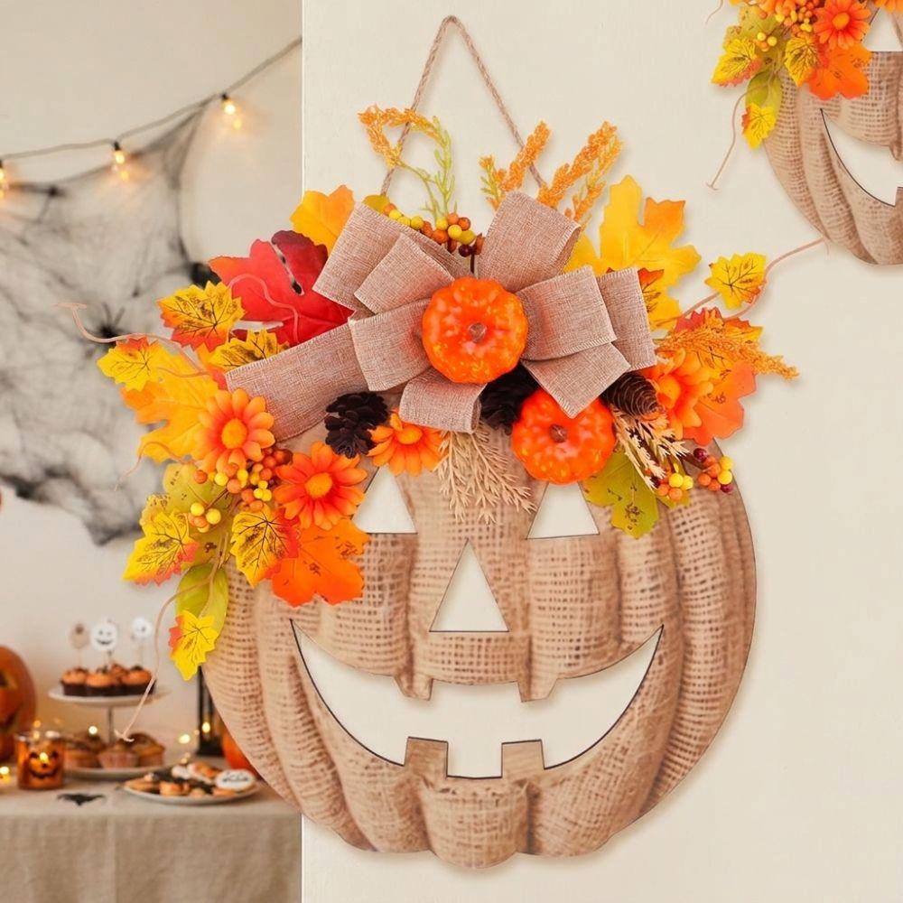 With Bow Halloween Wooden Pumpkin Door Hanger Thick Board Halloween Front Door Sign Autumn Harvest