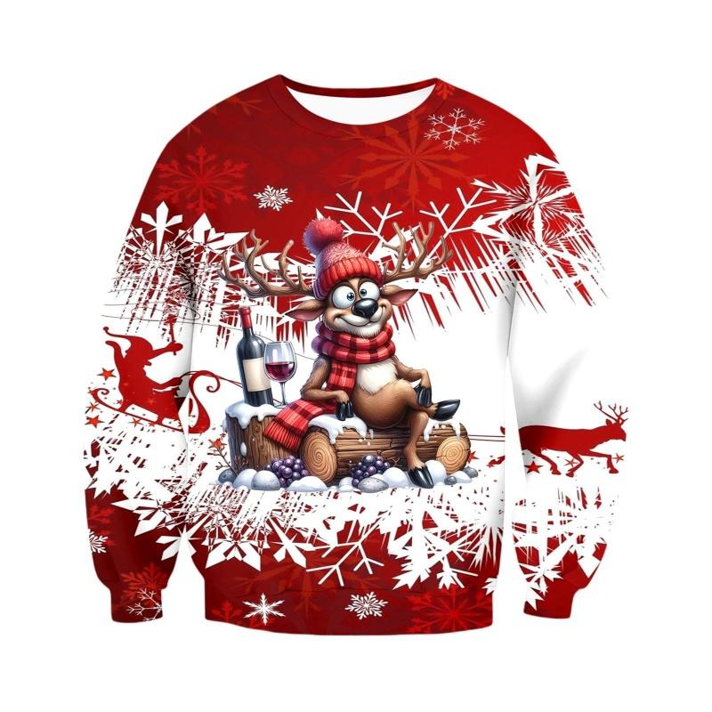 Sweatshirts Motif Rennes de Noël Pour Hommes Femmes Flocon de Neige Vin Impression 3D Pull Hoodies de Festival Manches Longues Col Rond Hauts