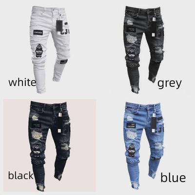 Evropské a americké pánské roztrhané džíny skinny s odznaky