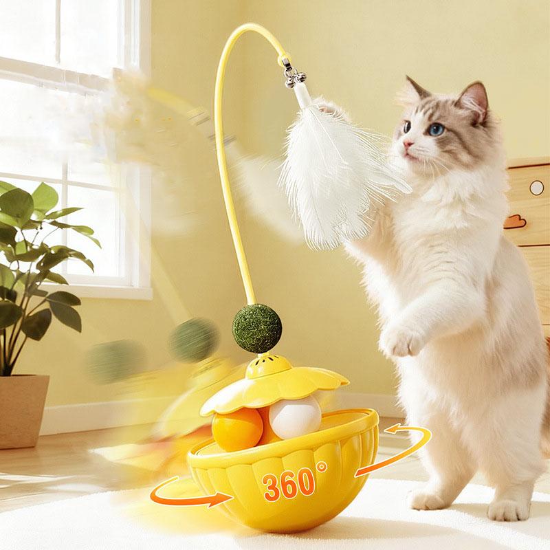 Long Pole Cat Teaser Wand Toy Rotating Feather Bell Treat Dispenser Catnip Wobble Puzzle Ball For Indoor Cat Exercise