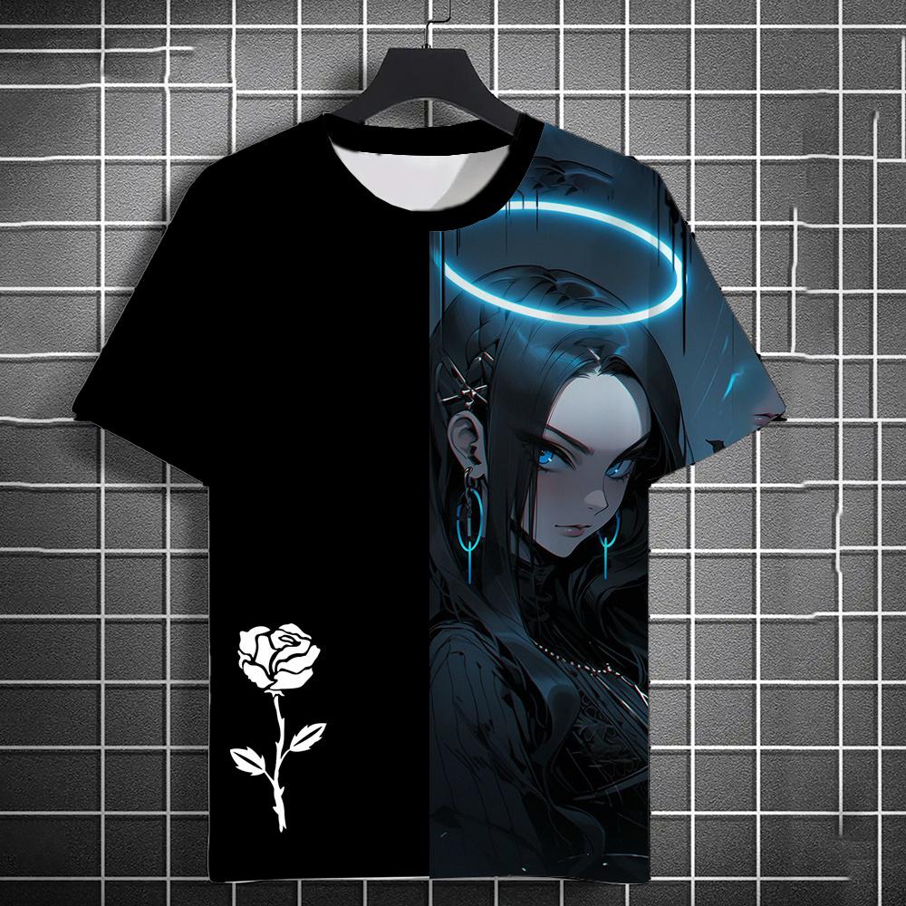 Summer Anime Girls Rose 3D Print T-Shirts Streetwear Men Fashion Oversized O-Neck Short Sleeved T Shirt Tees Tops Clothing