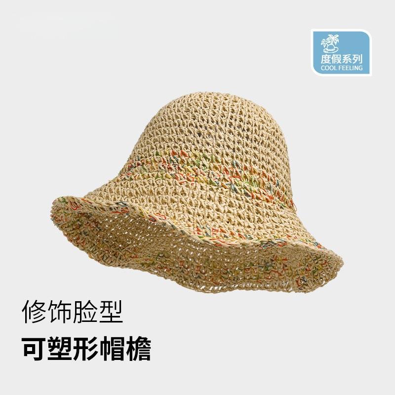 Summer new hollow woven straw hat women s sunscreen sunshade bucket hat versatile face small holiday wind straw woven basin hat One size fits all