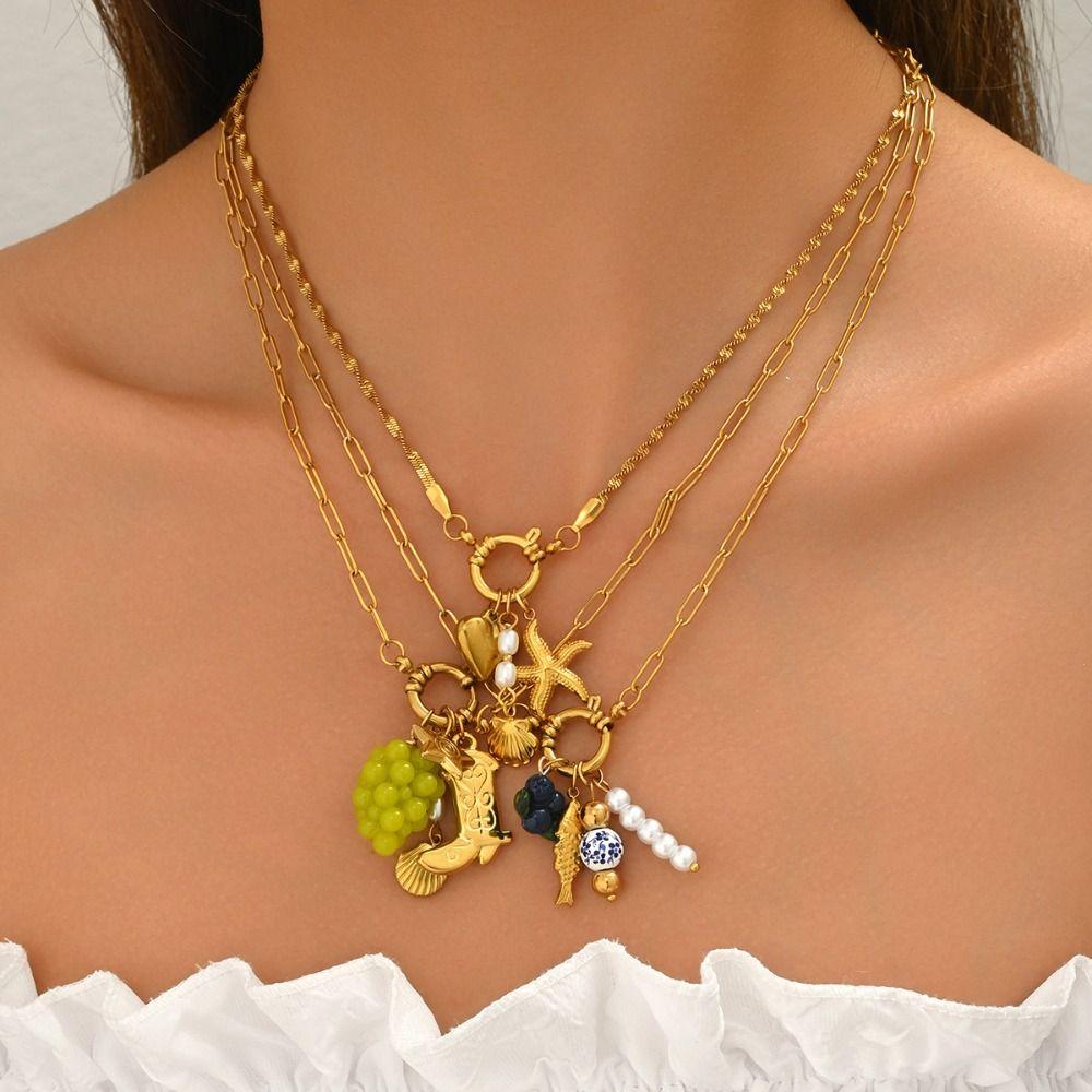 Stainless Steel Shell Pendant Choker European Style Imitation Pearl Necklace Jewelry Gift