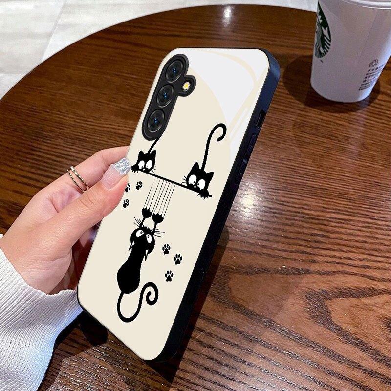 Black Cat Cartoon Pattern Glass Phone Case for Samsung Galaxy S26 S25 S24 S23 S22 S20 fe/plus/Ultra Anti Drop