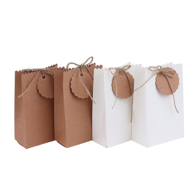 20/50Pcs Retro Kraft Paper Gift Box White Brown Cookie Candy Packaging Bag With Rope Tags Birthday Wedding Party Gifts Supplies