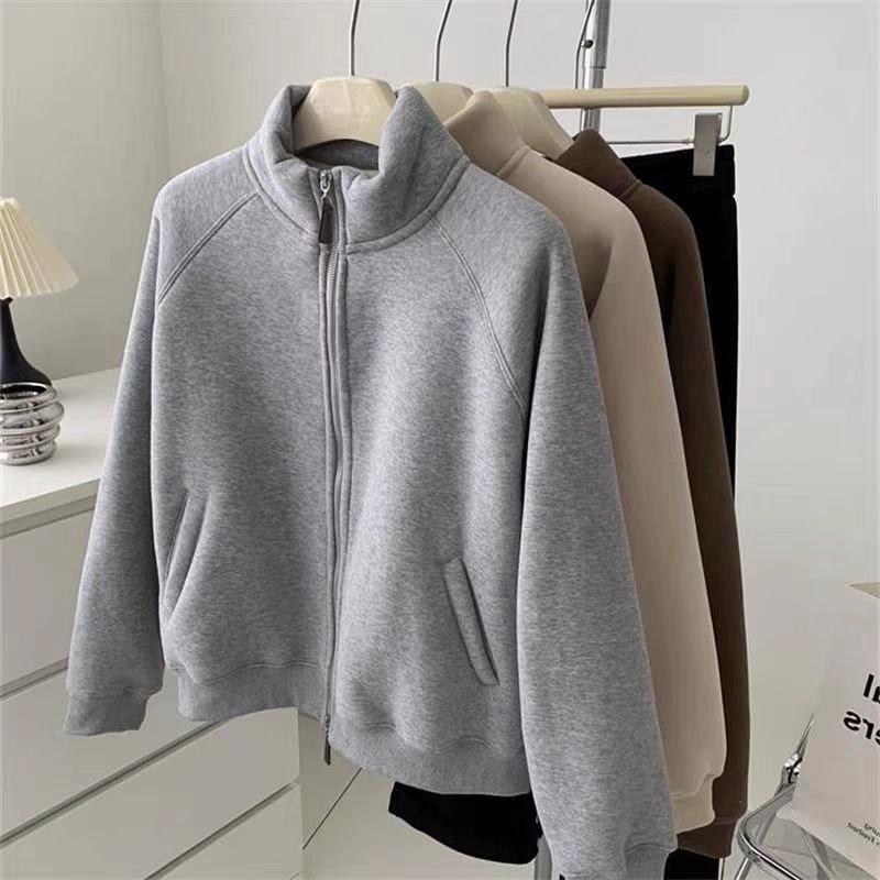 Verdickte Lammvelours-Sweatshirtjacke mit Reißverschlusskragen, warm, lässig, Herbst, Winter, koreanischer Stil, Pendeln, vielseitig, Damenbekleidung