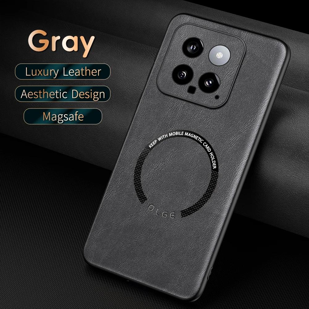 For Xiaomi 14 14 Pro Fine-Hole PU Cow Pattern Leather Outer Magnetic Ring Soft Edge Anti-Drop Phone Case