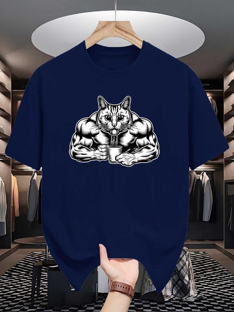 Unisex Crew Neck Tee Muscle Cat Coffee Graphic Print Soft Cotton Loose Breathable Short Sleeve Summer Casual Daily Street Wear Tops