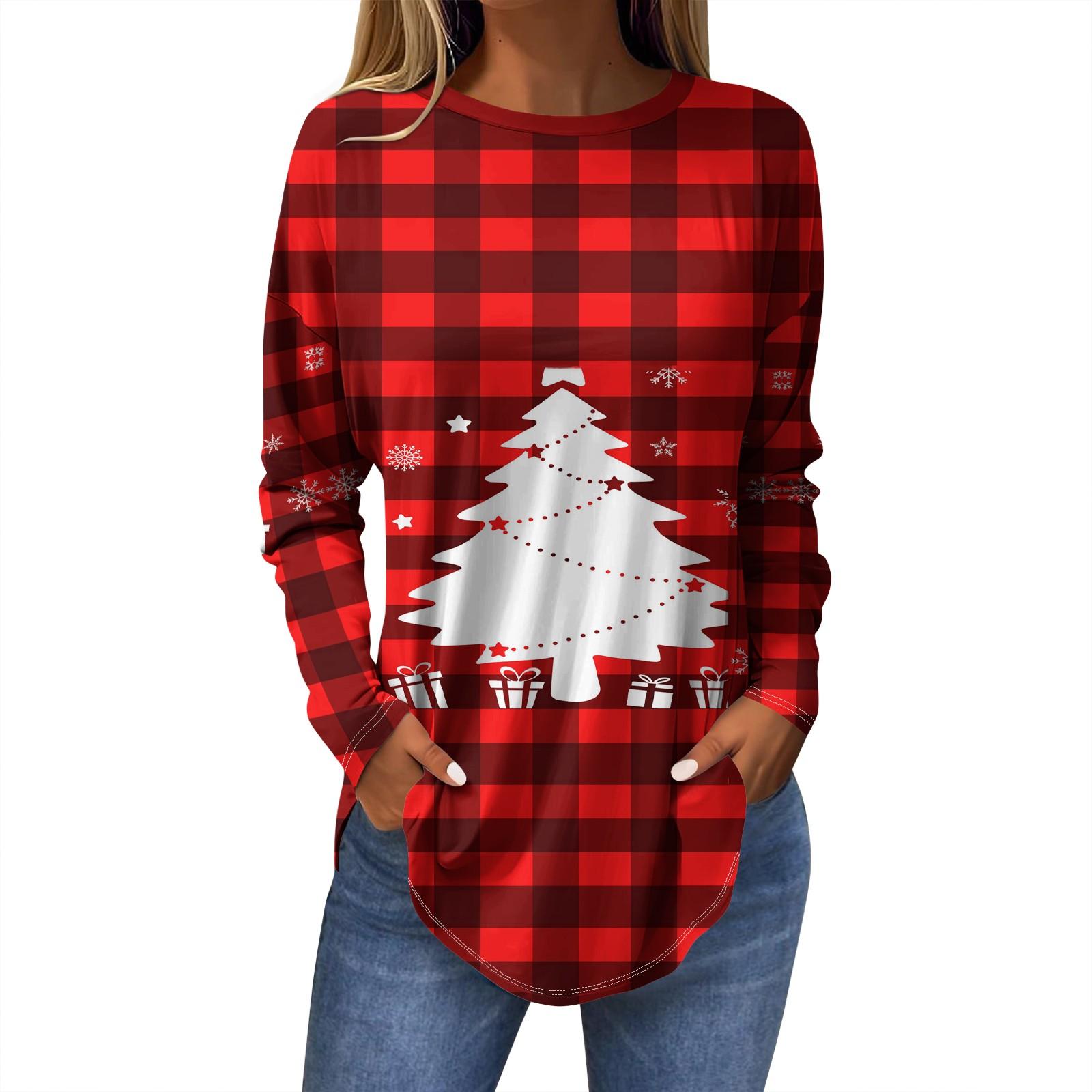 

Женская модная повседневная футболка с круглым вырезом и длинным рукавом с рождественским принтом XXXL красный