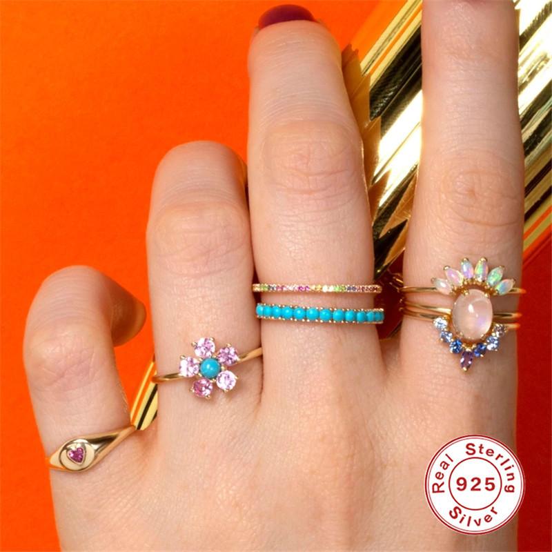 S925 Sterling Silver Turquoise Pearl Ring Vintage Simple Ring Trendy Premium Women'S Ring Ring