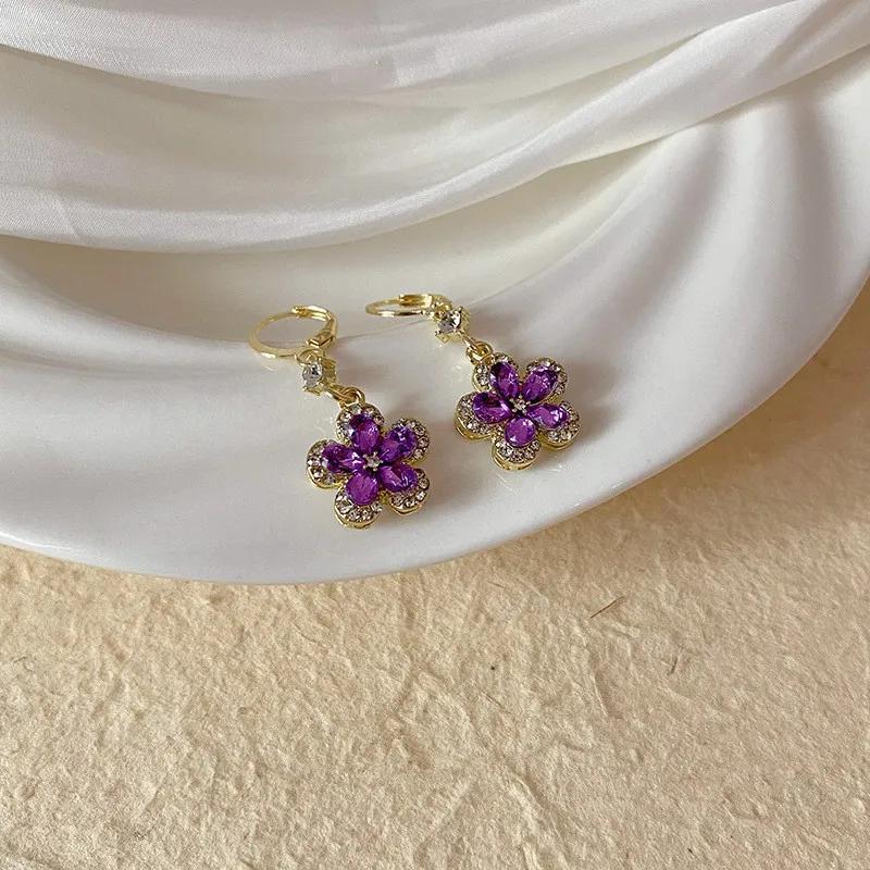 Exquisite Purple Zircon Flower Pendant Earrings For Women Fashionable Personalized Daily Accessory Party Jewelry Birthday Gifts
