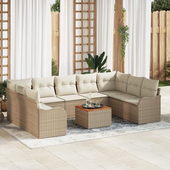 Ensemble de Canapé Jardin 10 Pièces avec Coussins Beige Rotin Poly Acacia, Canapé Jardin 2 Places avec Coussins Beige Rotin 3347498