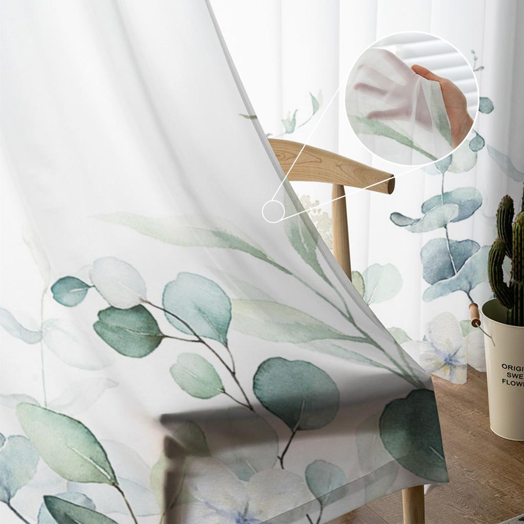 Ins Style Eucalyptus Leaves Sheer Curtains for Living Room Decoration Window Curtains for Kitchen Tulle Voile Organza Curtains