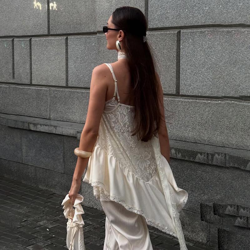 Casual Loose Lace Vest Women See Through Sexcay T Shirt Top V Neck Splice Hot Girl Summer Casual Party Commuting Tanks