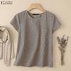 ZANZEA Women Grid Print Casual Round Neck Loose Short Sleeve Blouse