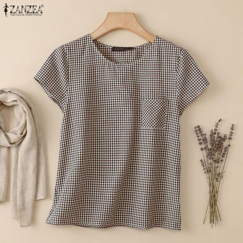 ZANZEA Women Grid Print Casual Round Neck Loose Short Sleeve Blouse