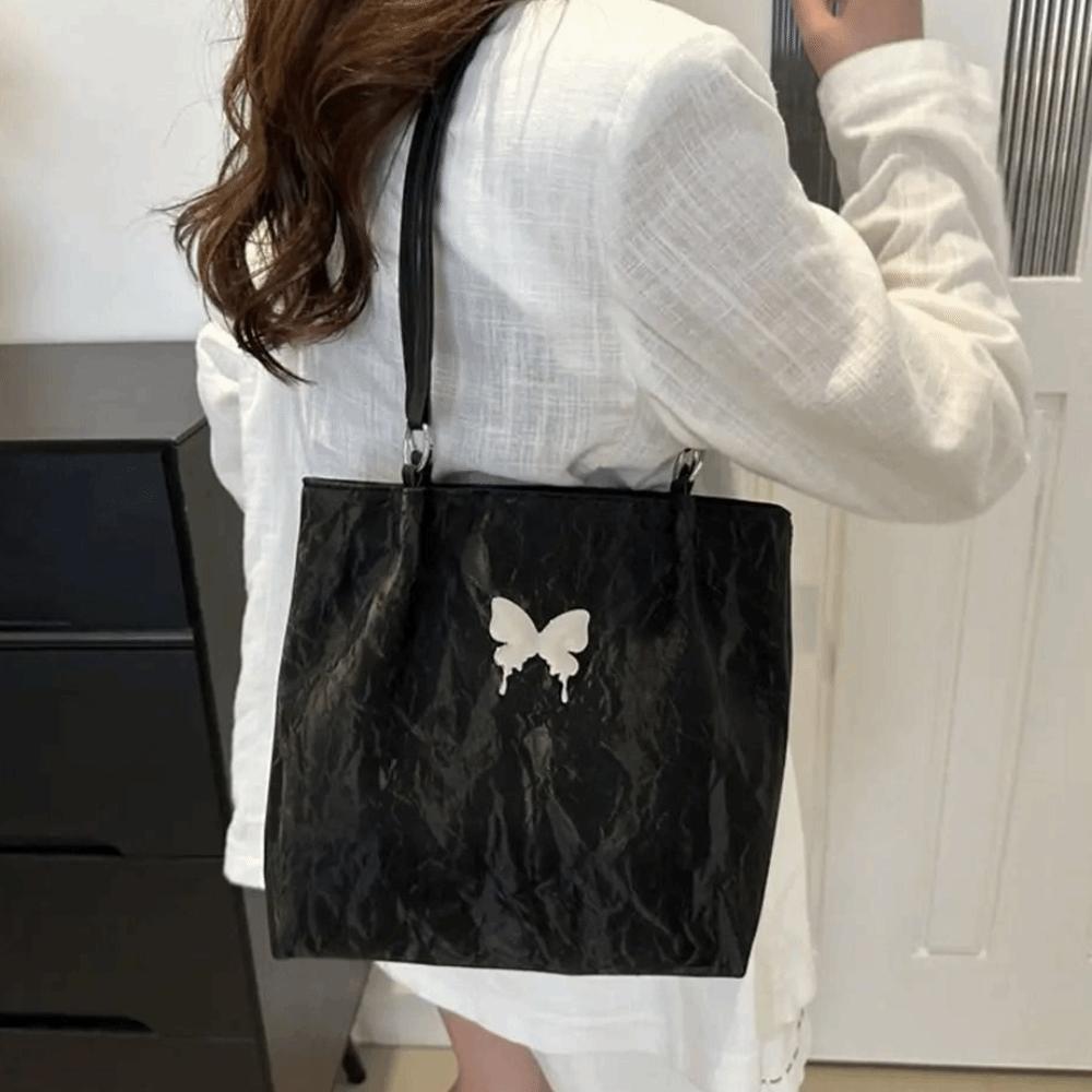 Trendy Pu Leather Underarm Tote Bag Solid Color Zipper Sweet Shoulder Bag Butterfly Pattern Korean Style Luxury Handbag Female