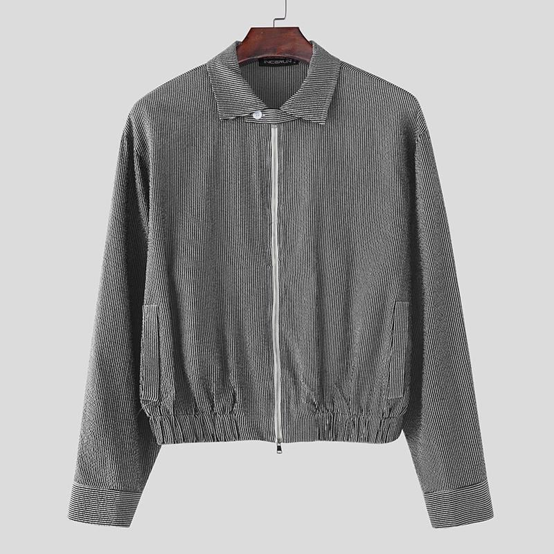 INCERUN Men Lapel Long Sleeve Zipper Up Striped Cropped Jackets Short Coats