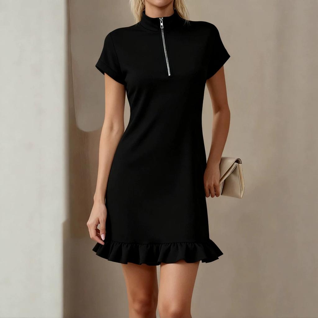 Women's Color Round Neck Zipper Short Sleeve Loose Fit Ruffle Hem Dress for Casual Everyday Wear