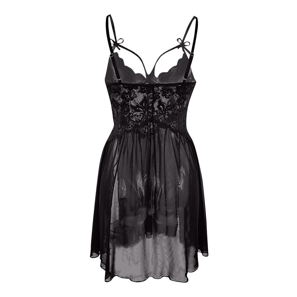 Women's Lace Panel Split Nightdress and Panty Set Adjustable Straps Sheer Mesh Fabric Soft Material Comfortable Fit Sleepwear