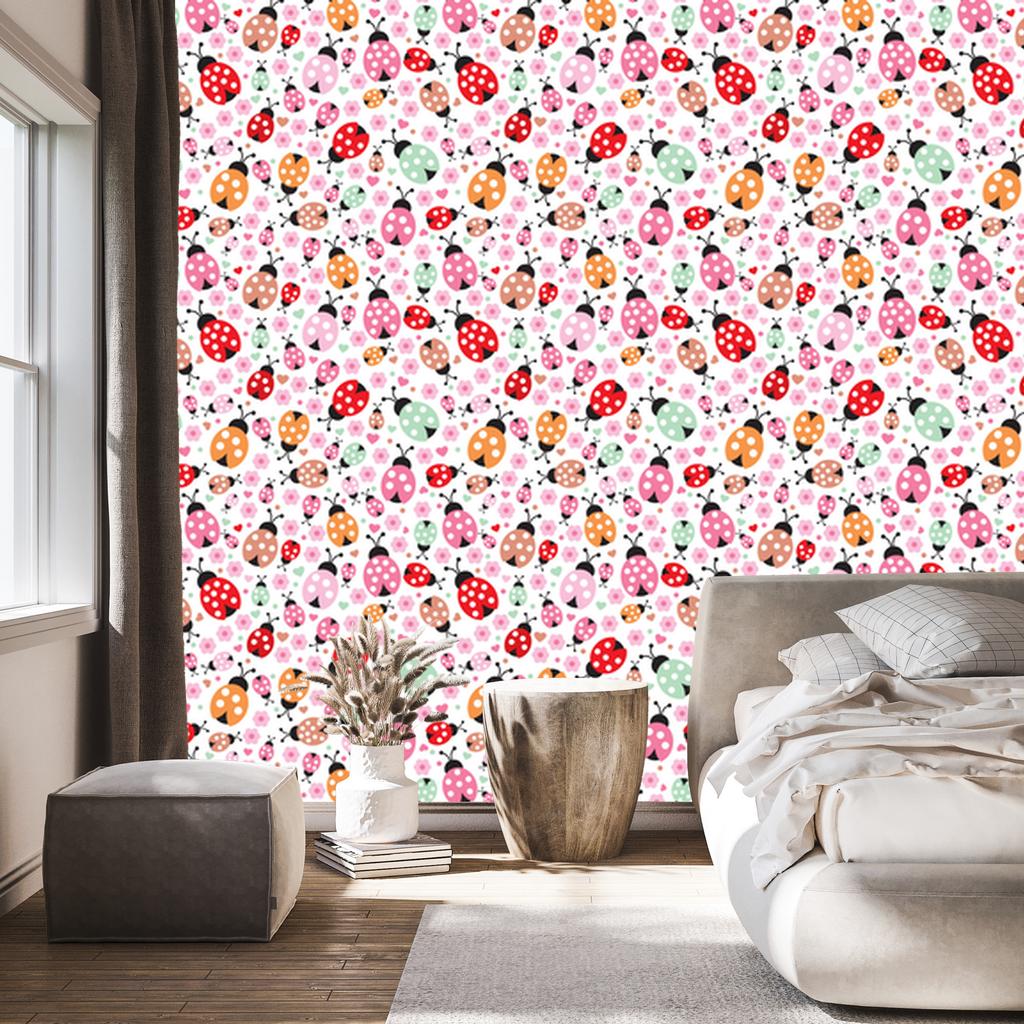 Ladybug Wallpaper Flowers and Hearts for Living Room and Bedroom 50x1000