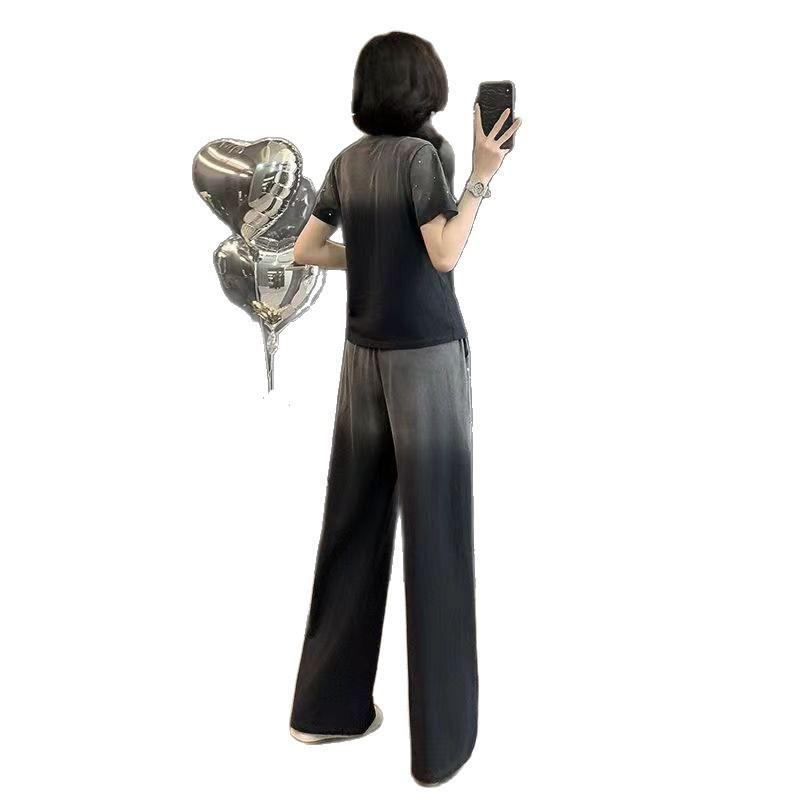 Korean Style Gradient Summer Set: Fashionable Casual Short Sleeve & Wide-Leg Pants Two-Piece for Women