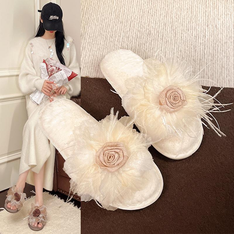 Korean version of mesh wool slippers women's 2025 spring and autumn new flower outer slippers one-word flat cotton slippers