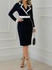 Color-block Patchwork V-neck Notch Lapel Suit Dress with Slit Back and Waist-Zipper