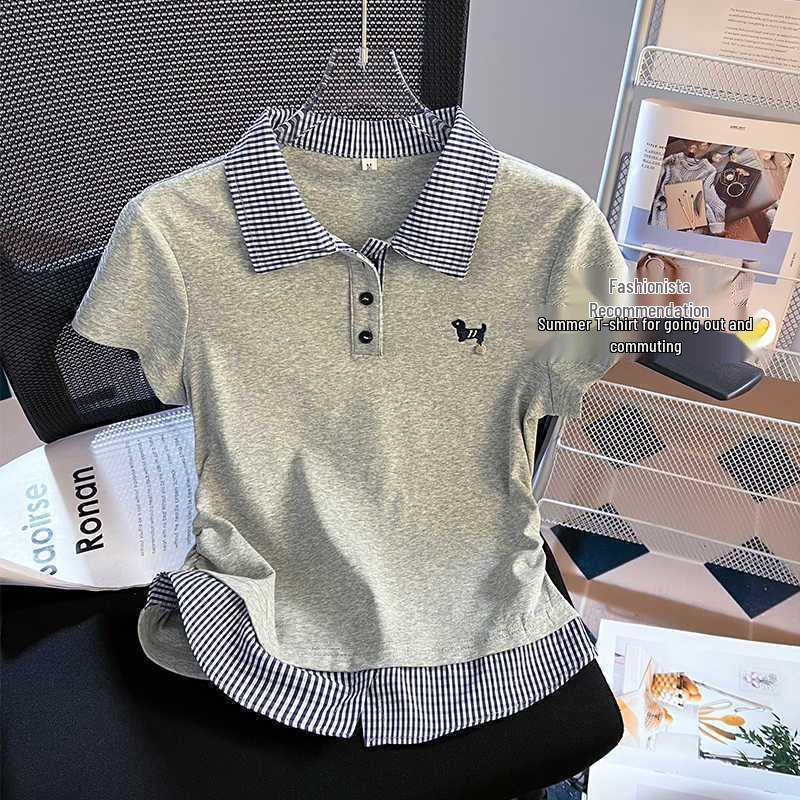Camiseta de Manga Corta a Cuadros con Solapa para Mujer Talla Grande - Top de Moda Estilo Universitario Adelgazante Verano 2025