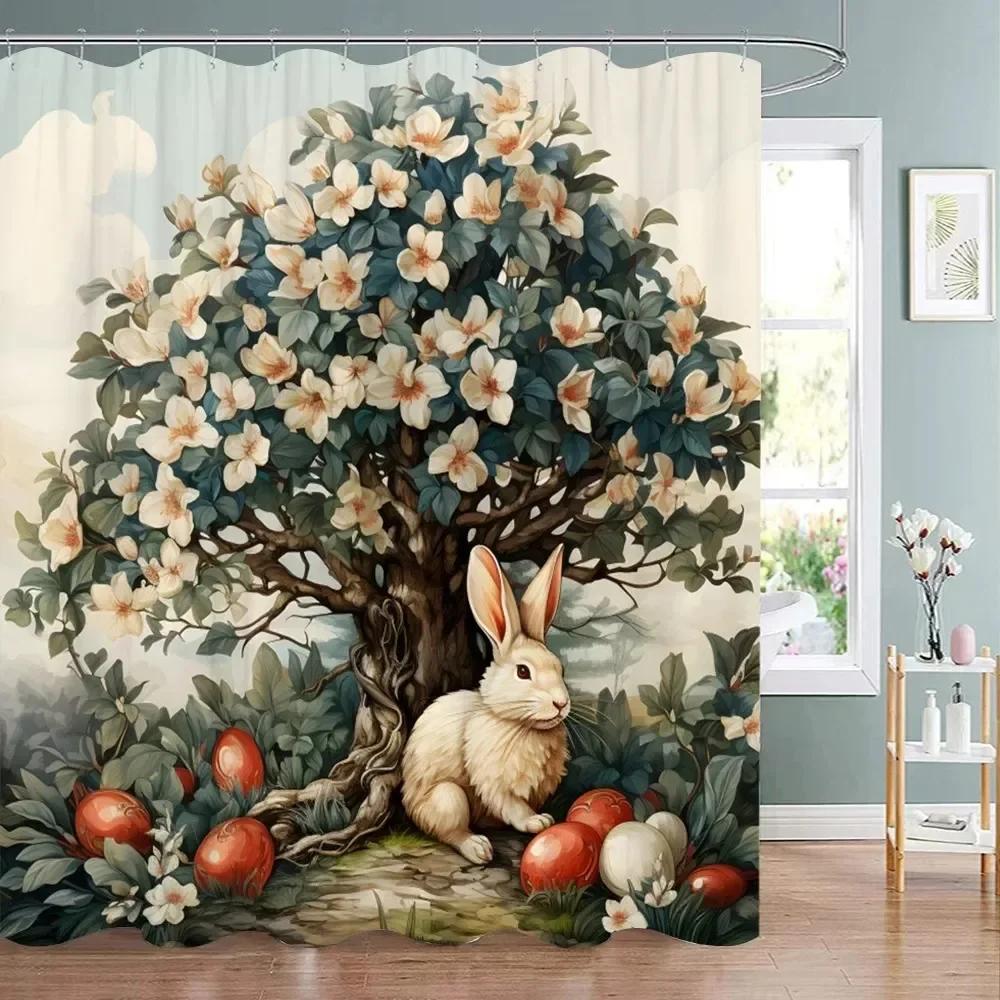Easter Shower Curtain Happy  with Bunny Eggs Vintage Style    Bathroom Decoration
