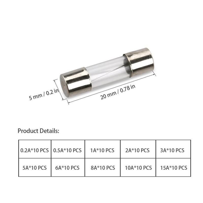 100Pcs 5x20mm Fast Blow 0.2A-15A Auto Car Truck Glass Tube Fuses Assorted Kit