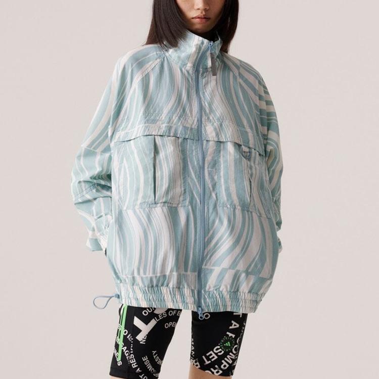 Adidas Stella McCartney Collaboration Striped Pattern Full Print Stand Collar Long Sleeve Jacket Women Jacket White HT1102