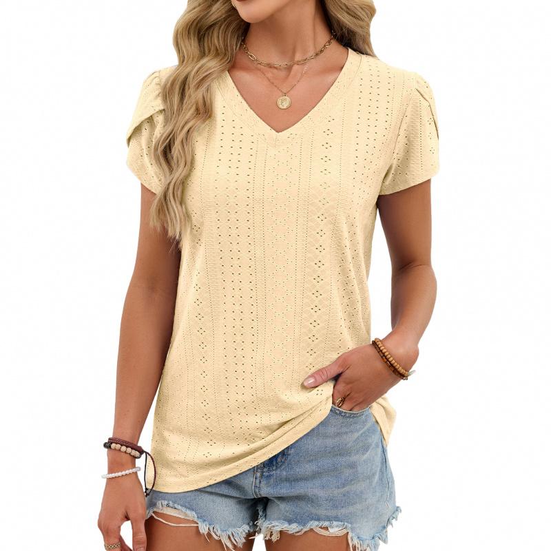 2026 Summer New Solid Color V-Neck Short Sleeve Loose Casual T-Shirt for Women