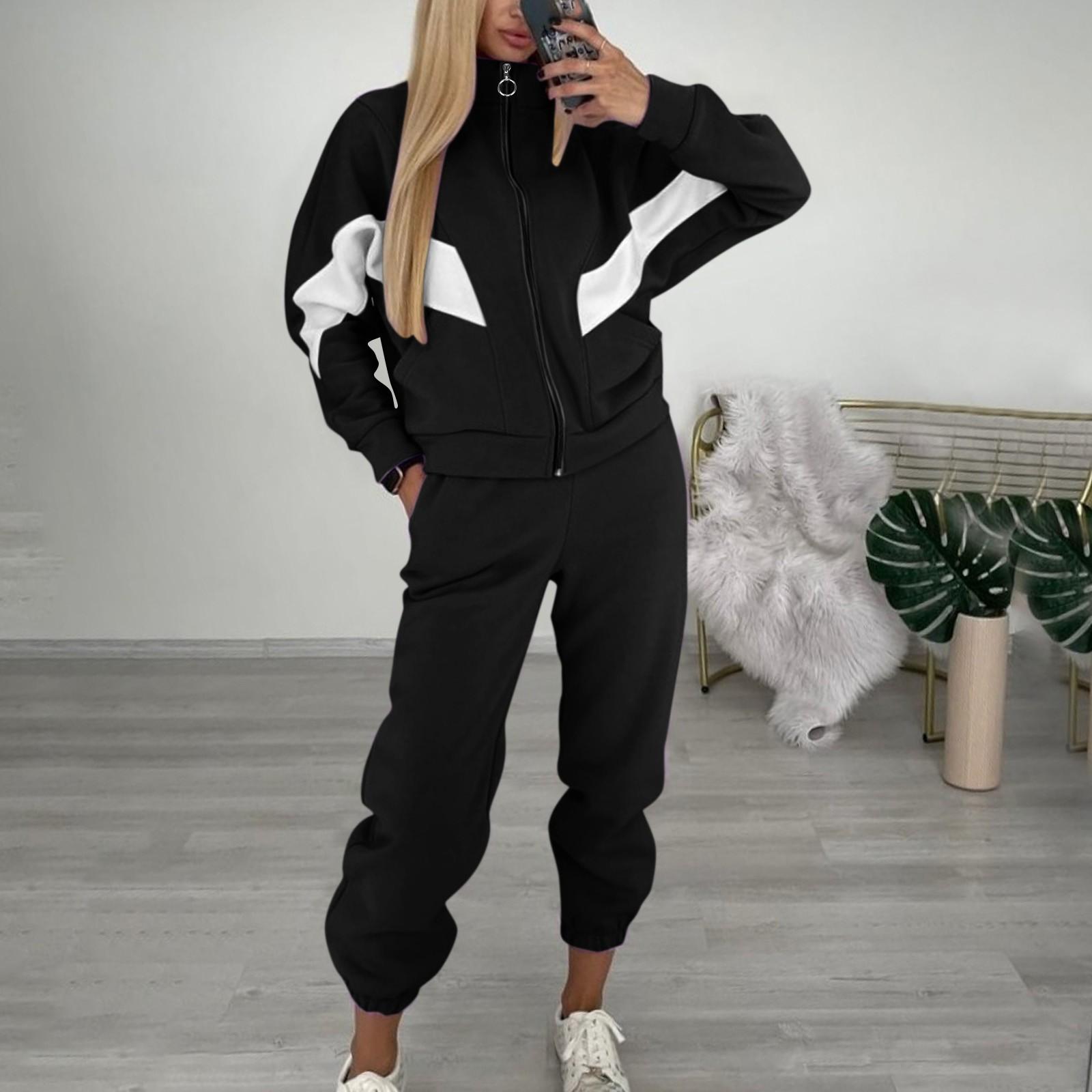 

Женская мода, повседневный пуловер с цветными блоками, комплект из двух предметов, карманы S чёрный