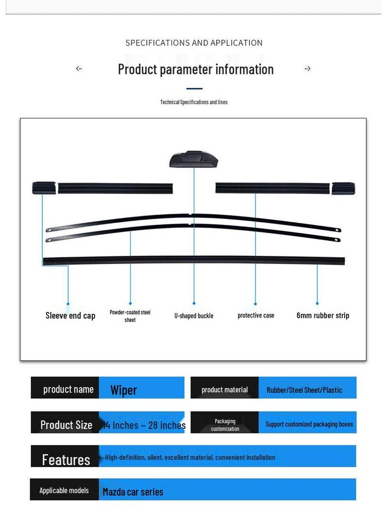 Bo Zhou rahmenlose Scheibenwischerblätter für Ruiyi Ma 6, Xingcheng 83, CX5, CX7, Atenza