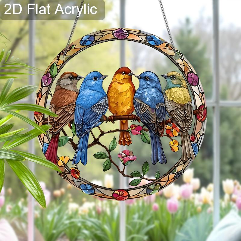 Acrylic Colorful Birds On A Branch Suncatcher, Stained Glass Style Window Hanging Ornament for Nature and Garden Lovers