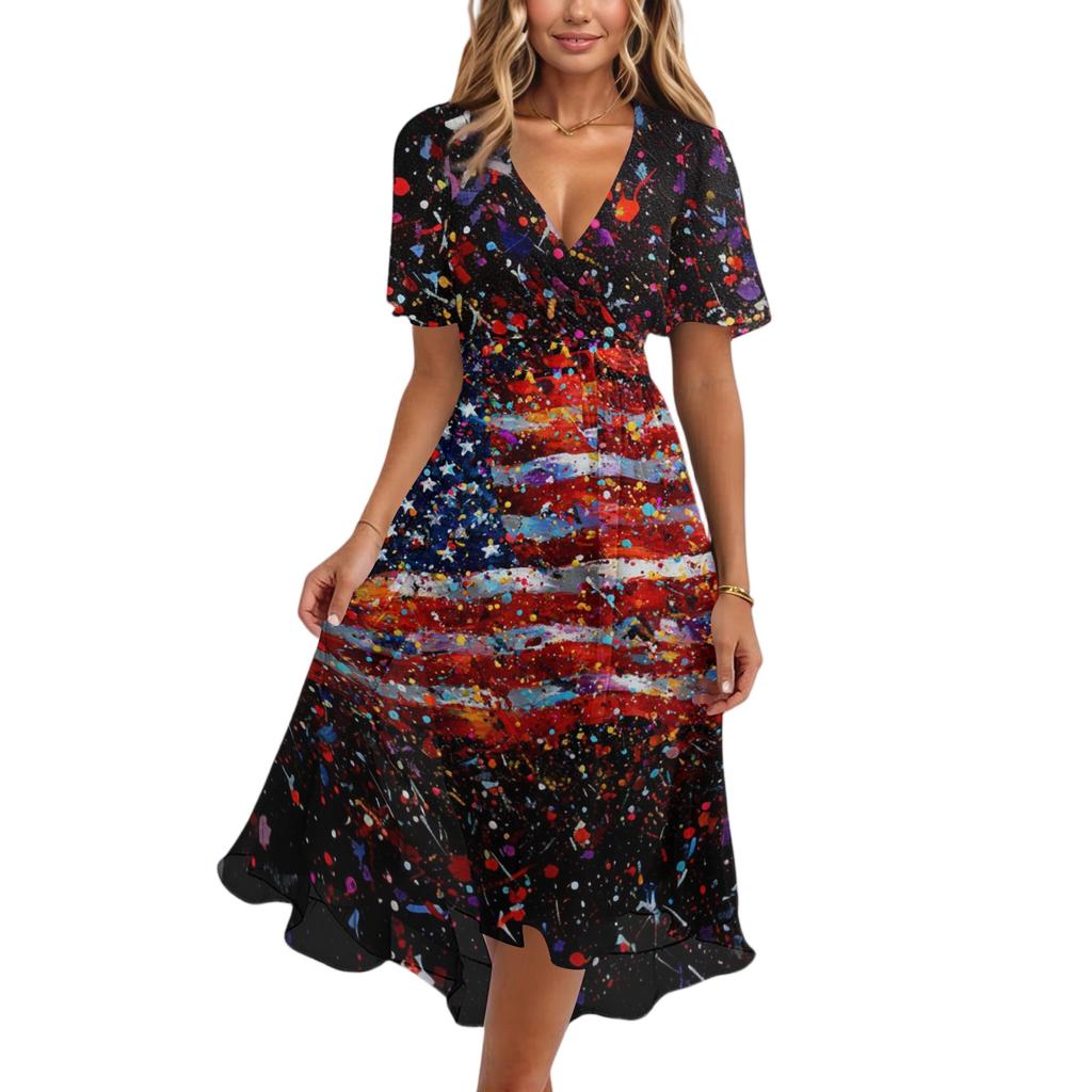 Women’s V Neck Short Sleeve Midi Dress with Abstract Flag Print High Waist Flowy Hem Casual Loose Fit Summer Dress