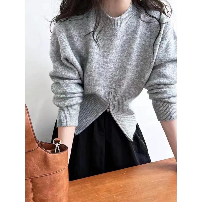 Autumn and Winter Short Zip Pullover Sweater Women's Waisted Round Neck Pullover