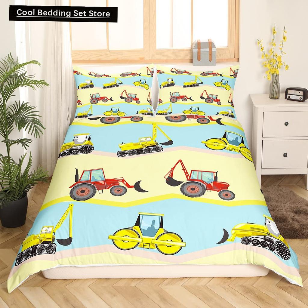 Construction Tractor Truck King Queen Duvet Cover Excavators Crane Bedding Set Vehicle Quilt Cover Polyester Comforter Cover