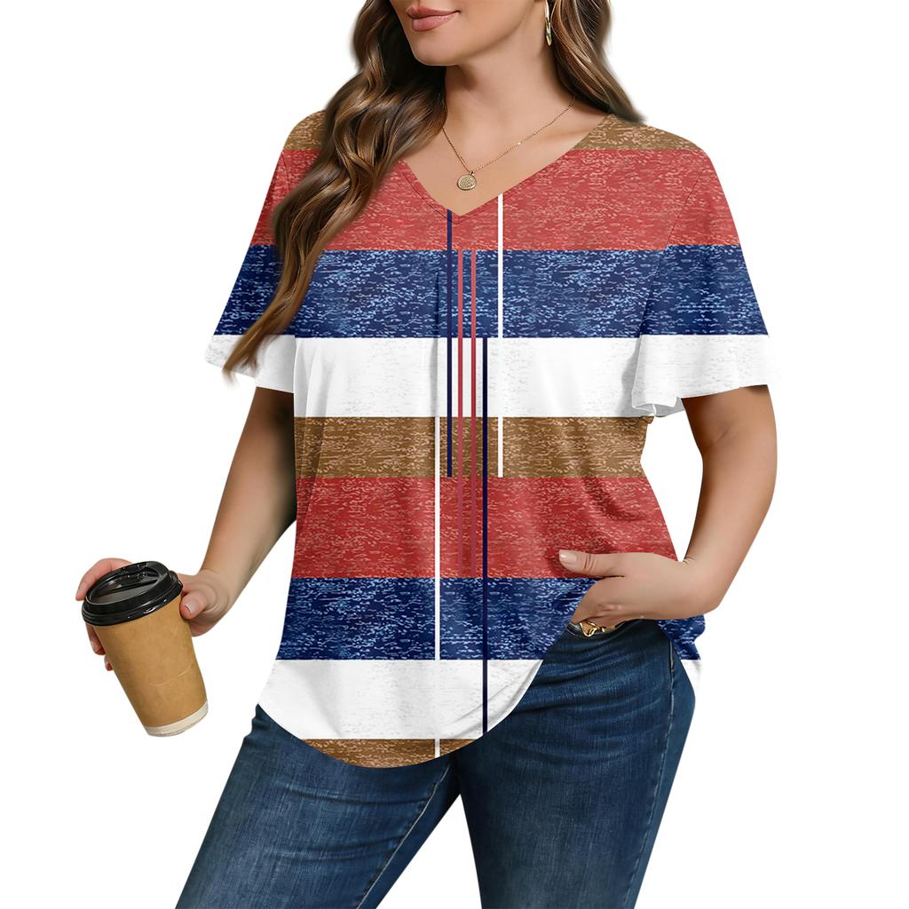 Women's Plus Size Fashionable Casual Loose-Fit Short Sleeve Elegant V Neck Blouse For Work