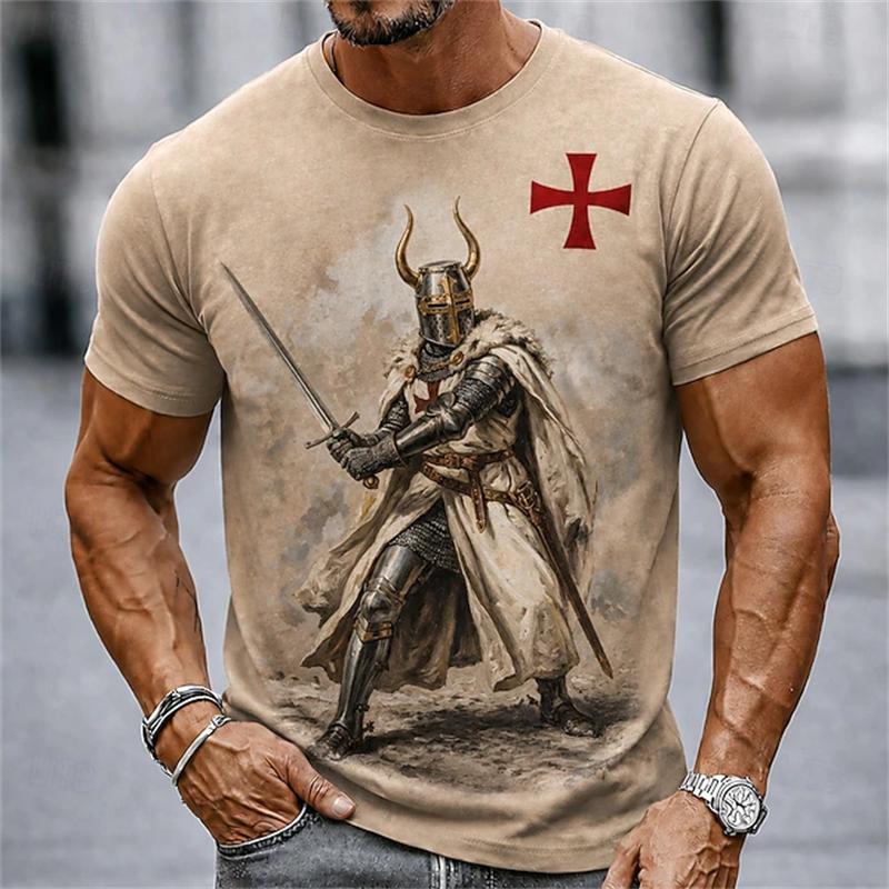 2026 Sommer Retro Herren Templer Kreuzritter T-Shirt Kurzarm T-Shirt 3D-Druck Rundhals Religiöser Stil Festliches Outfit