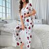 Women's Heart Print Silk Pajama Set - Short Sleeve Top & Long Pants