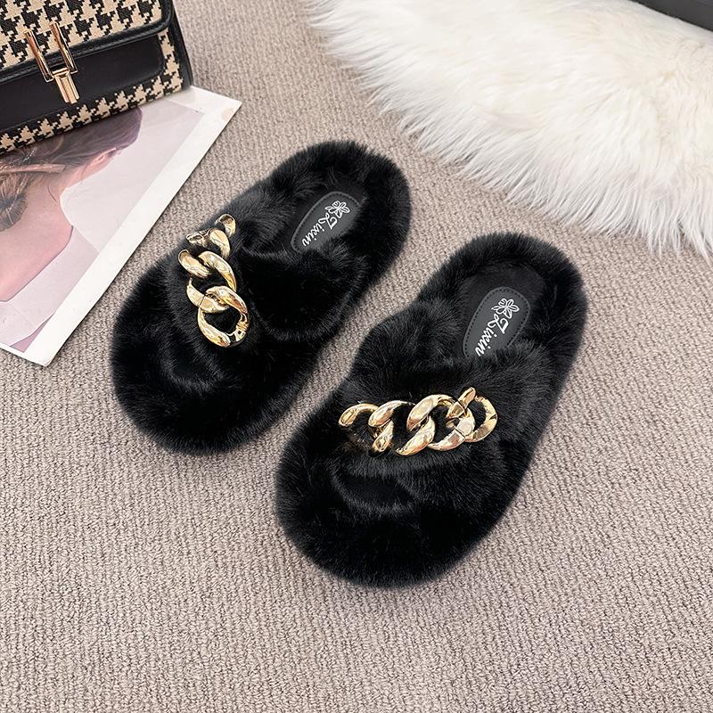 European Mao Mao Slippers Women Wear High Sense 2025 New Spring and Summer Internet Celebrity Flat Bottom Chain Home Plush Slippers